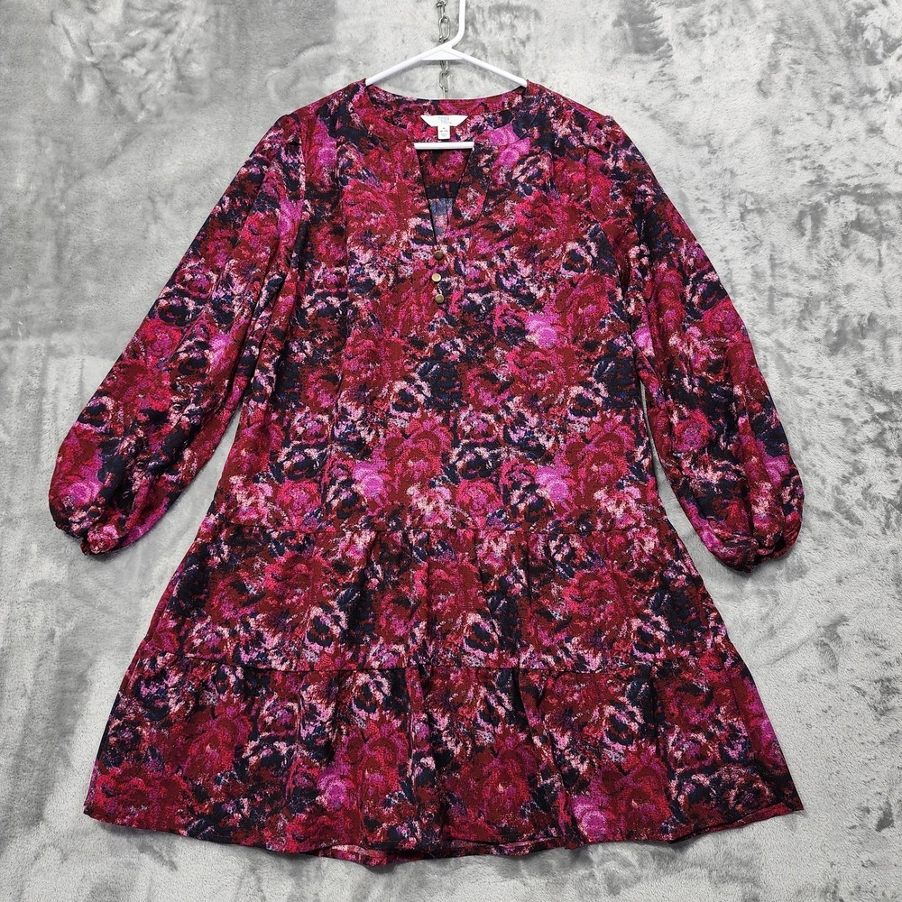 NEW Time And Tru Dress Womens M Multicolor Floral Tiered‎ Long Sleeve Casual